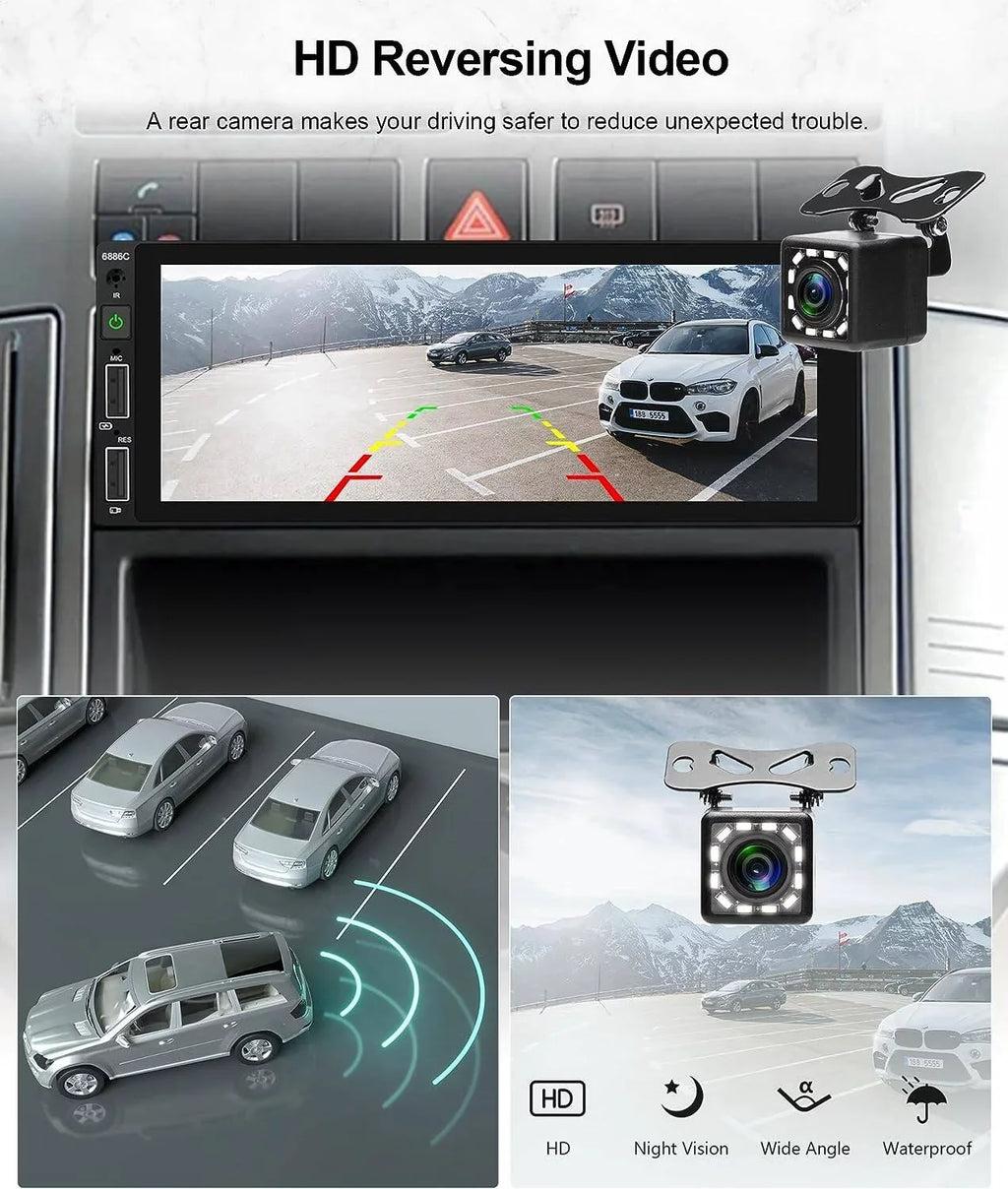 Podofo Mirror Player Car Radio Android HD Carplay USB,with Mic&Backup Link Camera Single Wireless Multimedia Bluetooth 6.86'' Touchscreen Car Audio Din Stereo 1 FM MP5 Auto Receiver