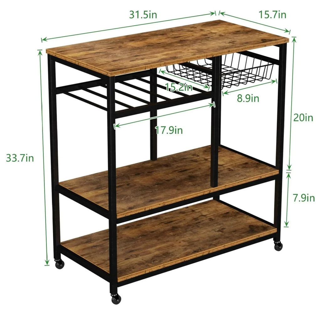 oddfain Kitchen with Brown on Wheels Station, 3 Serving Tier Bakers for Dark Microwave Kitchen Coffee Rolling Cart Rack Cart Utility Carts Outdoor Storage Bar
