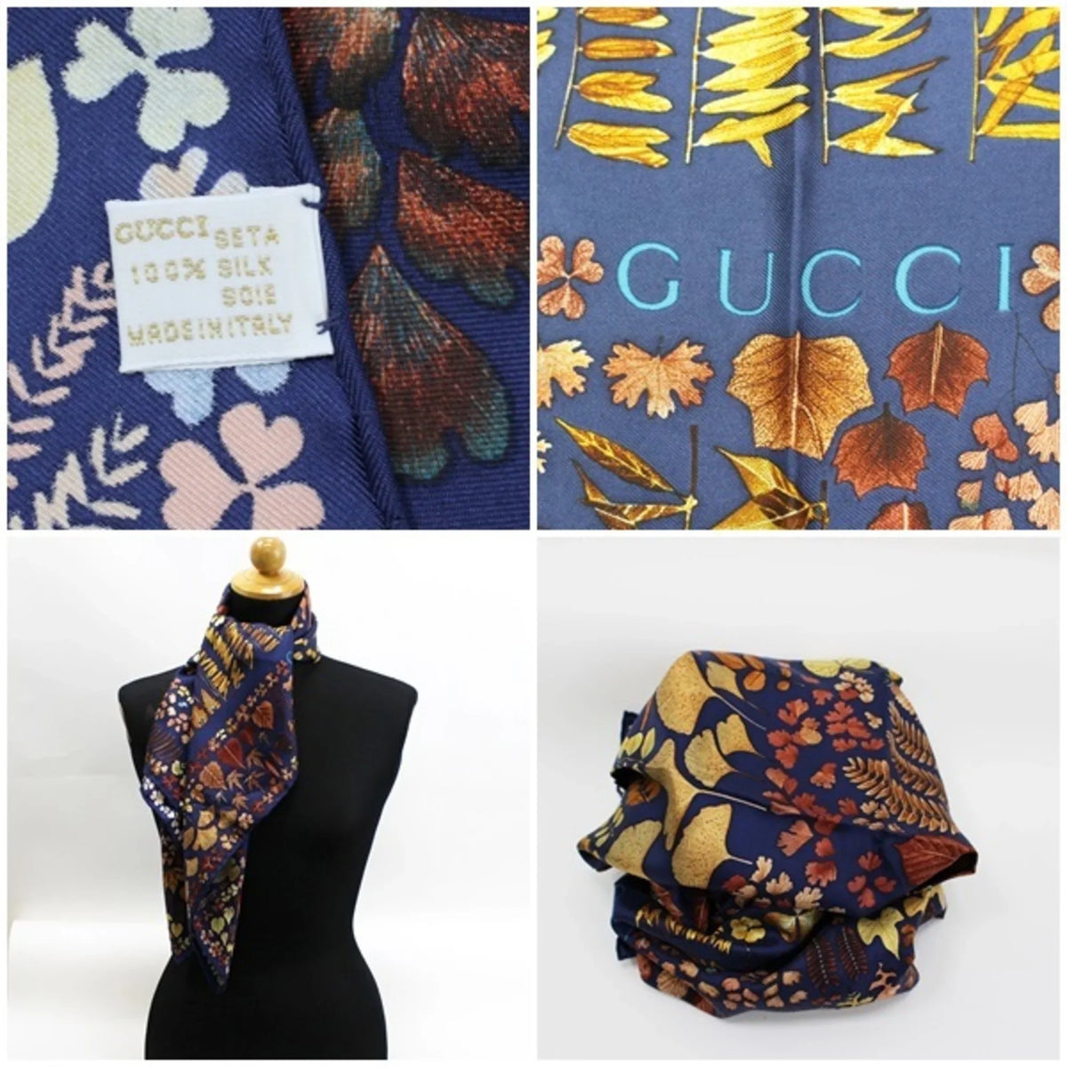 Pre-Owned Silk (Good) Brown Scarf Navy Ladies Pattern Leaves Muffler Fallen x