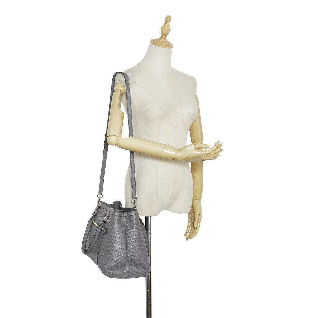 Leather (Good) Calf Pre-Owned Unisex Microguccissima Gray Satchel Authenticated