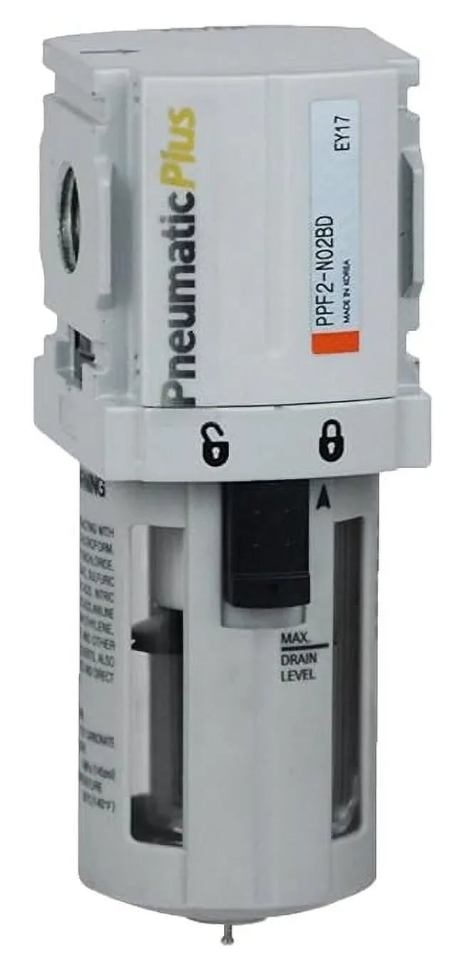 Compressed Miniature 1/4" 5 Air NPT Particulate Manual Poly Micron, Drain, PPF2-N02B - Bracket Bowl, PneumaticPlus Filter
