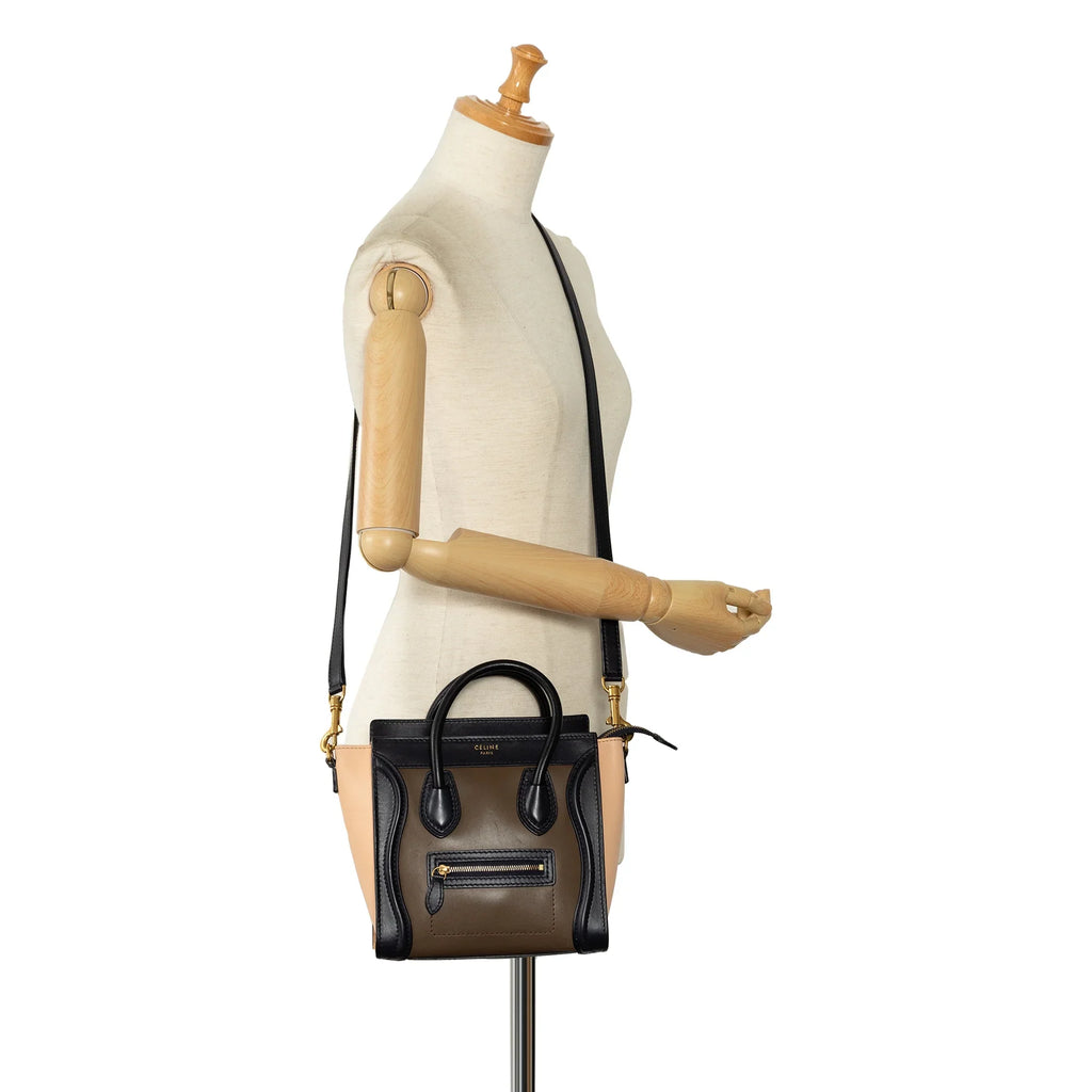 Tricolor Luggage Tote Authenticated Calf Pre-Owned Brown Satchel Leather Celine Nano Unisex (Good)
