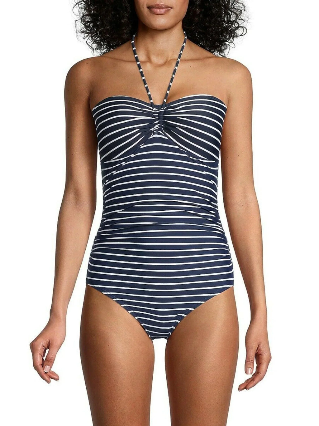 HILFIGER Cup Navy TOMMY 4 One Coverage Bandeau Stretch Piece Tie Lined Swimsuit Molded Striped Moderate Neck Women's