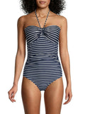 HILFIGER Cup Navy TOMMY 4 One Coverage Bandeau Stretch Piece Tie Lined Swimsuit Molded Striped Moderate Neck Women's
