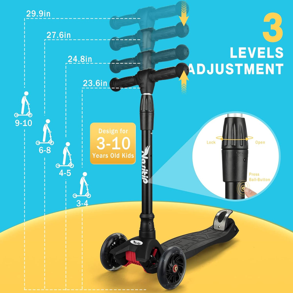 Bearing, Old(Black) for Kids with 4 from Scooter Portable Push Adjustable Height, Wheels Boys 3 to Up Toddlers Kick 3 Collapsible AEBC-9 Girls Light Years Scooter 12