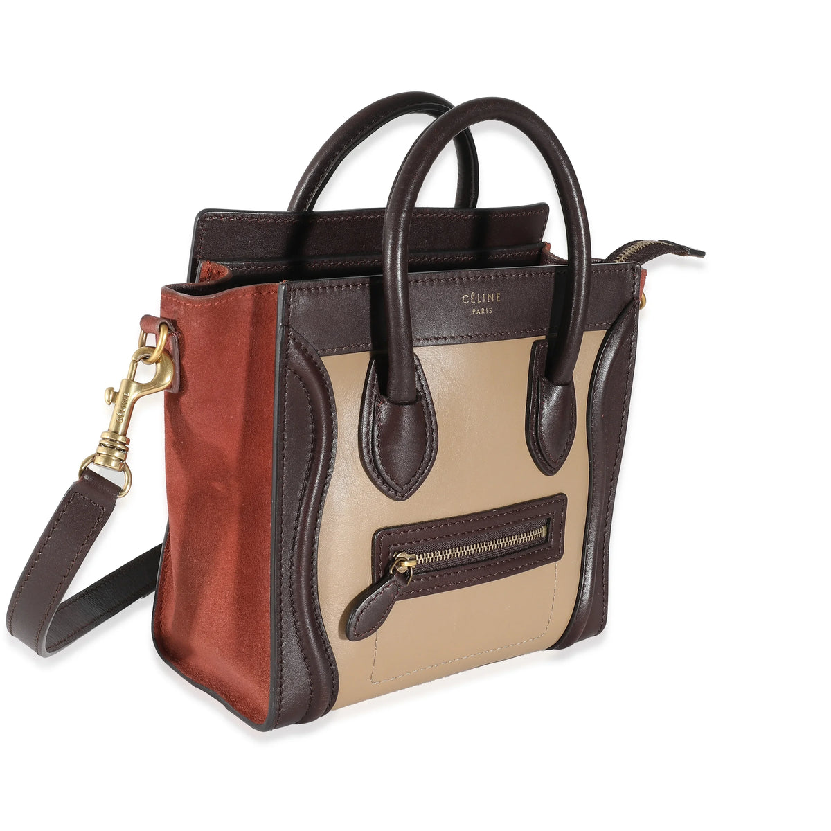 Celine Tri-Colour Brown Beige Burgundy Leather Luggage Nano Suede Pre-Owned