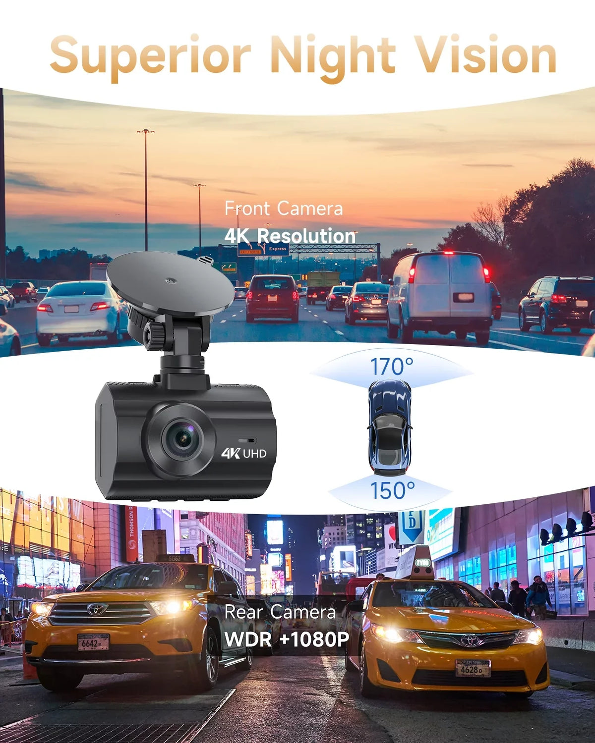 WDR, LCD G-Sensor,Black WiFi Night Mode, 2" Dashcam Dash 4K Screen, Dash with Car Wide Angle, and Rear, Vision,Parking Camera, Front 170° Cam GPS,4K+1080P