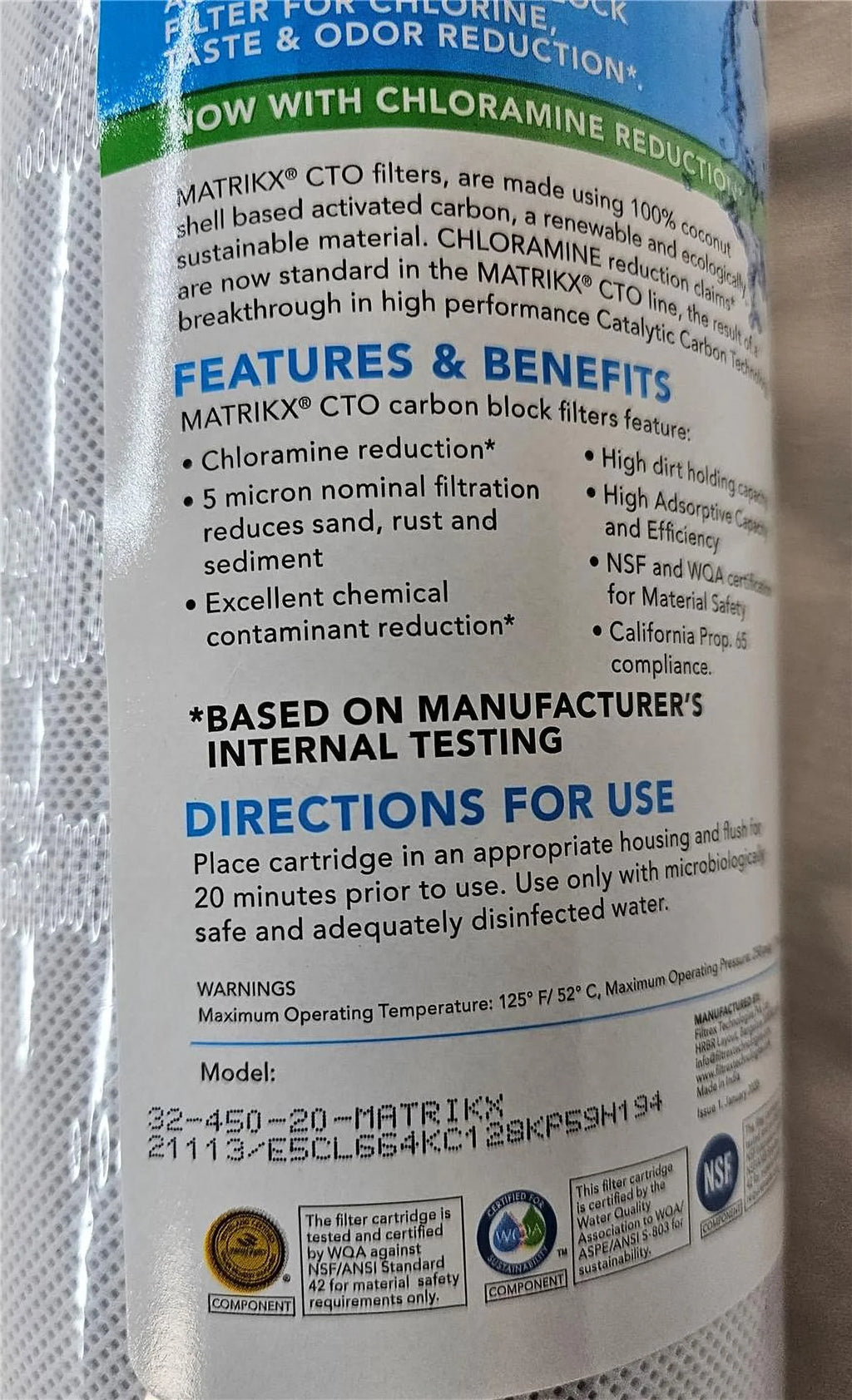 MatriKX Filter Carbon Block Micron CTO 5 (32-450-20-GREEN) Chlorine 20"x4.5" Reduction