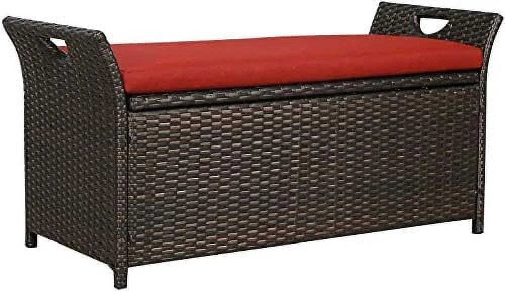 Deck YPZBBOOM Cushion Bench with Box Rattan Bins Wicker Patio Outdoor (Red)