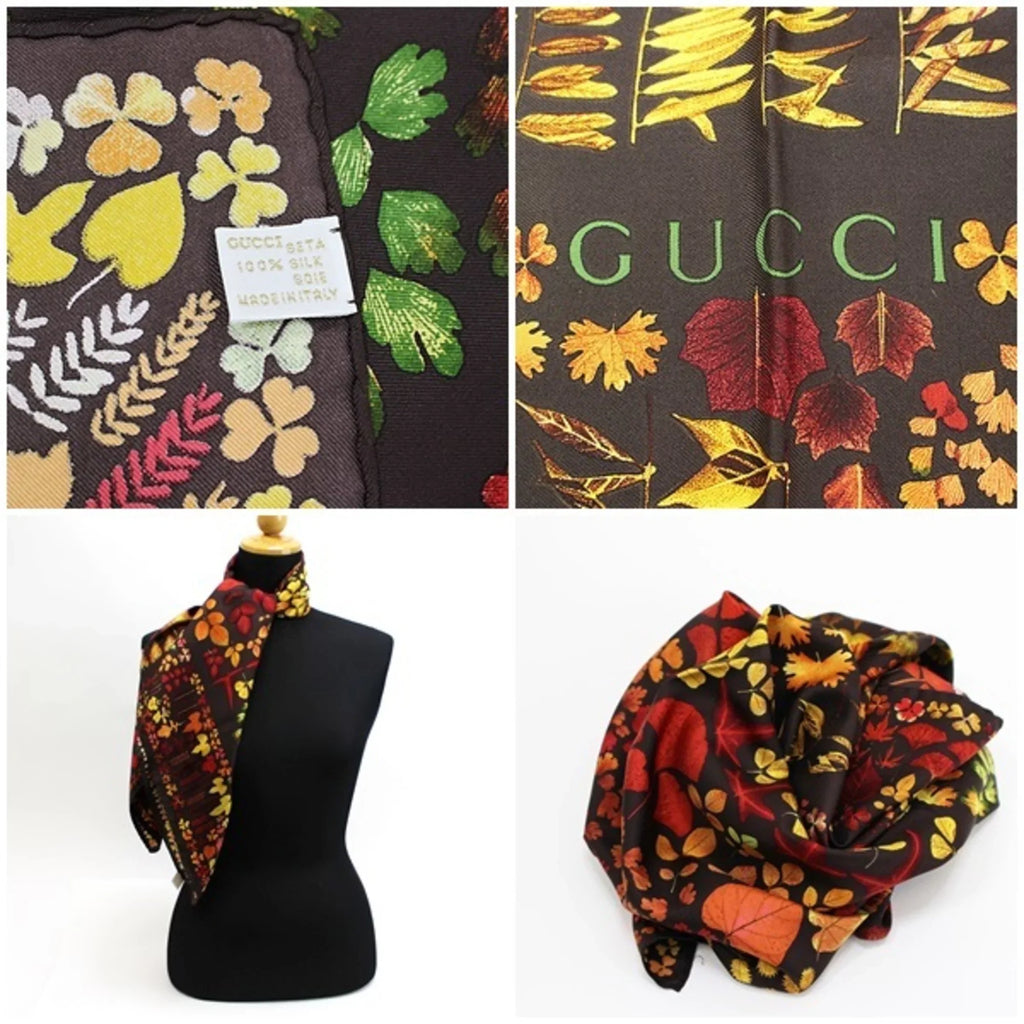 | (Good) Stole Silk Scarf Brown Leaf Muffler Autumn Pattern Ladies Pre-Owned