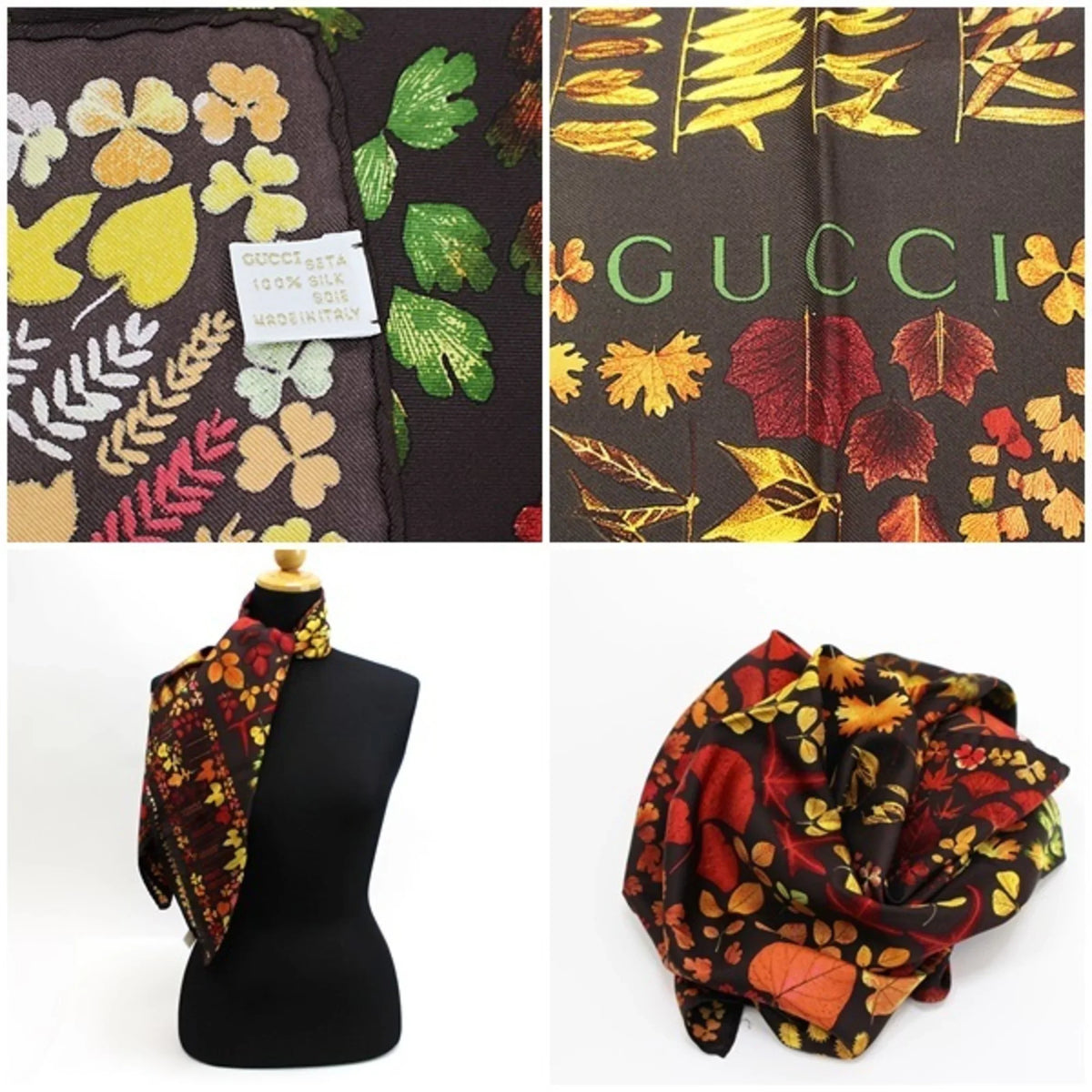 | (Good) Stole Silk Scarf Brown Leaf Muffler Autumn Pattern Ladies Pre-Owned