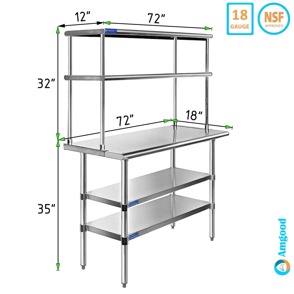 Stainless With 72" Prep Wide Shelves Work Metal Double Tier & Kitchen Steel x 18" Overshelf 12" Two | Table Shelving | Combo Table