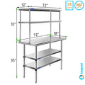 Stainless With 72" Prep Wide Shelves Work Metal Double Tier & Kitchen Steel x 18" Overshelf 12" Two | Table Shelving | Combo Table
