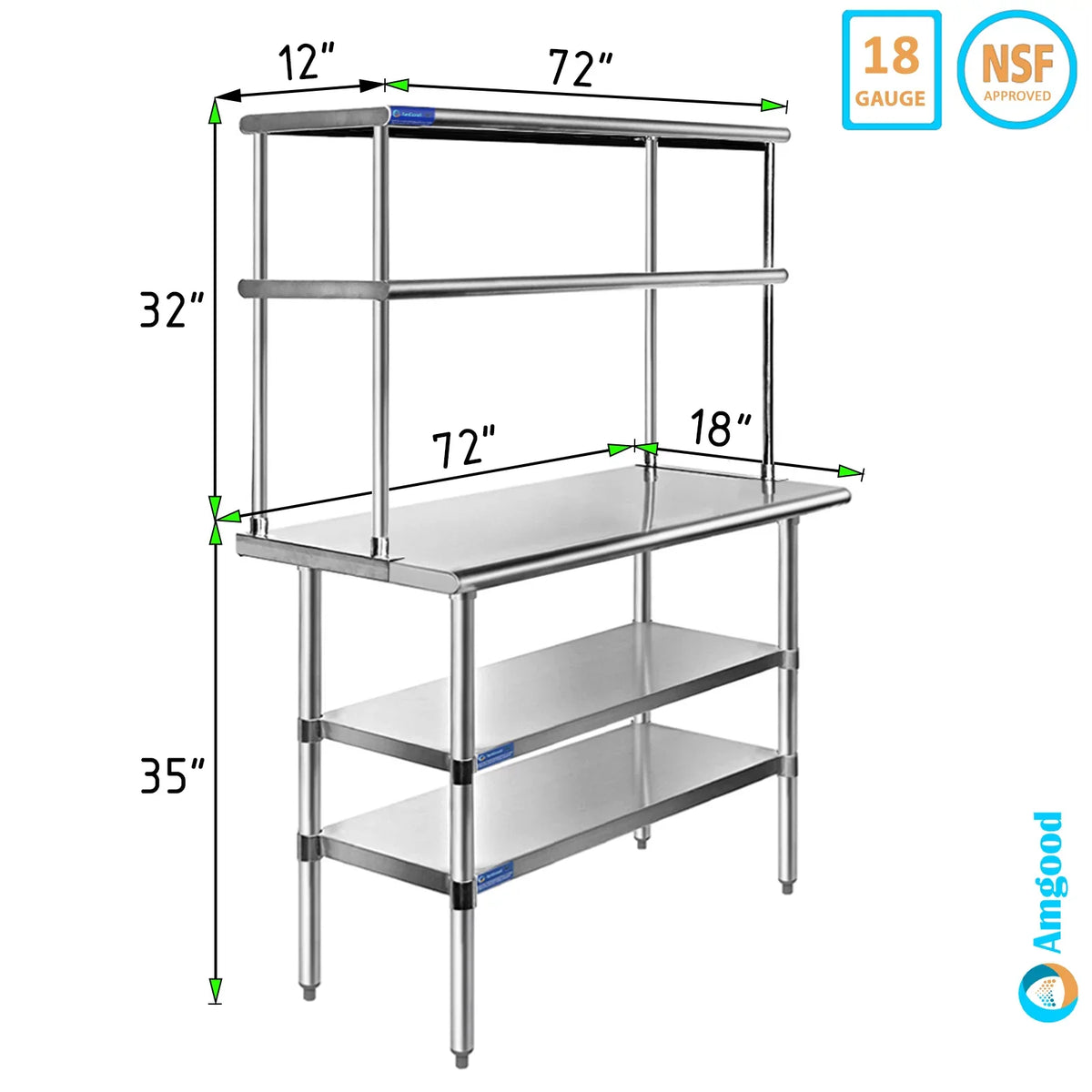 Stainless With 72" Prep Wide Shelves Work Metal Double Tier & Kitchen Steel x 18" Overshelf 12" Two | Table Shelving | Combo Table