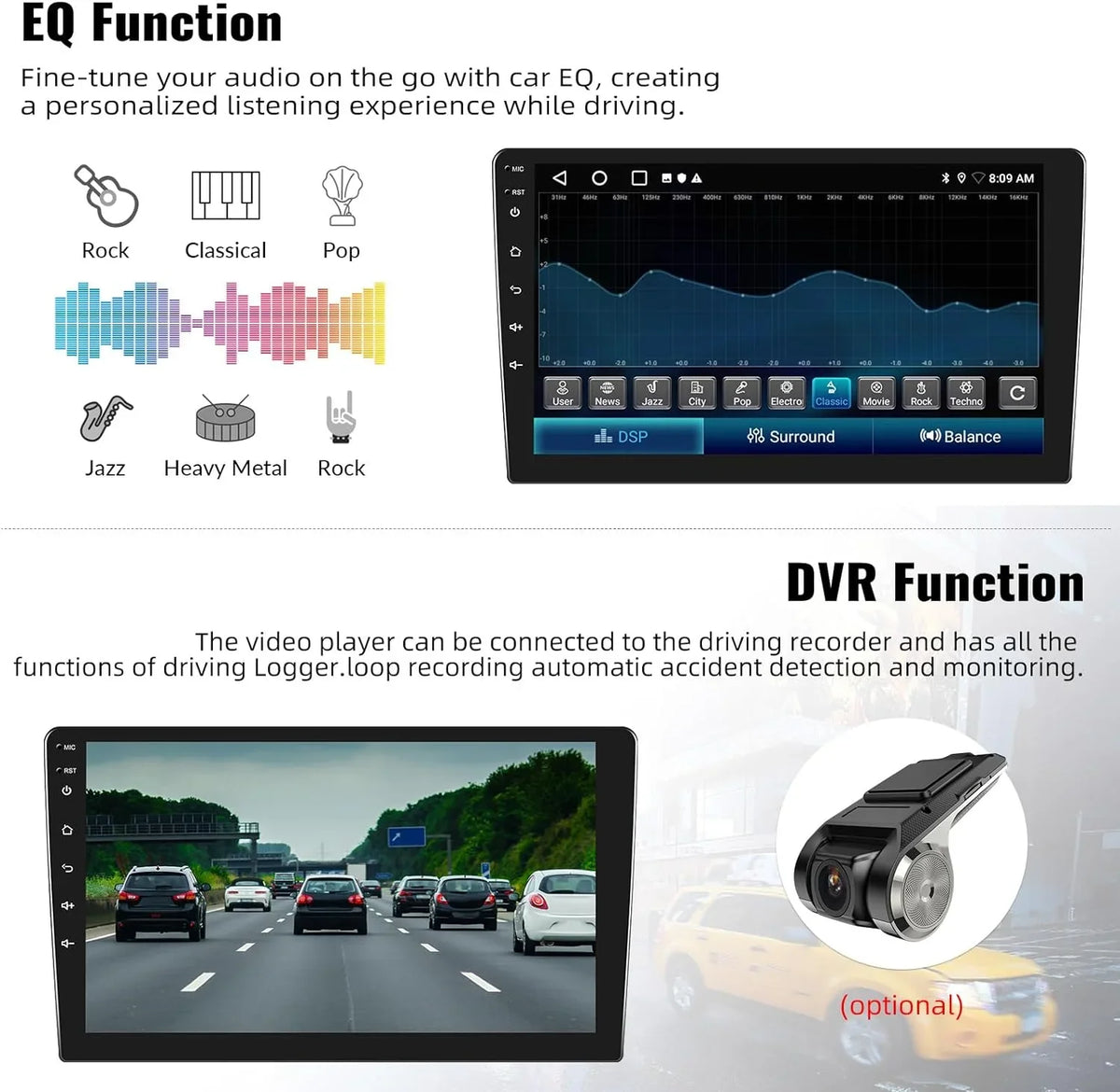 Camera with Bluetooth FM Radio Navigation Stereo 1080P Link Theme with 13 Carplay,10.1 GPS Mirror USB inch Touchscreen Android WiFi Backup 1+32G Car HD Support Receiver Player Change