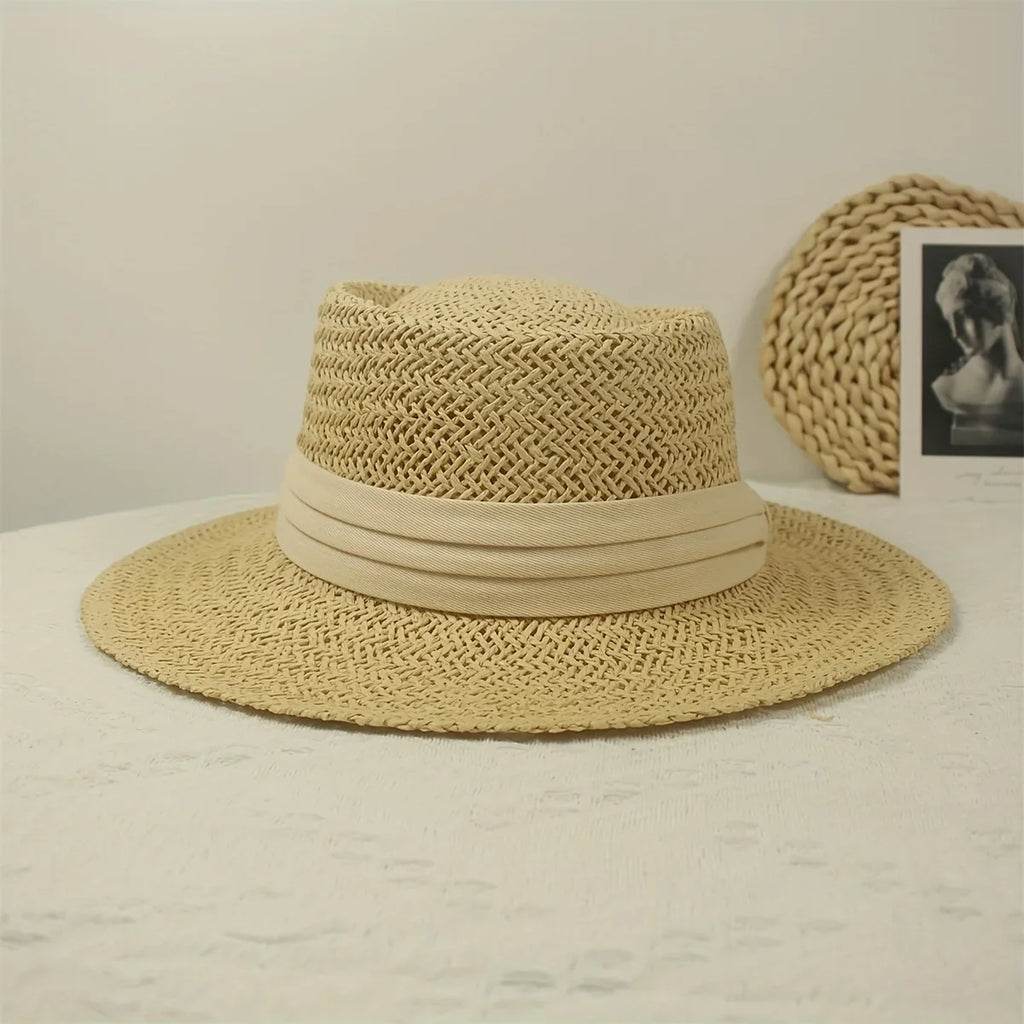 Vacation Jkzcp Braided Wide Brim Hat Vintage Handmade Sun Flat Protection Straw 1pc Top Sun Beach Hat