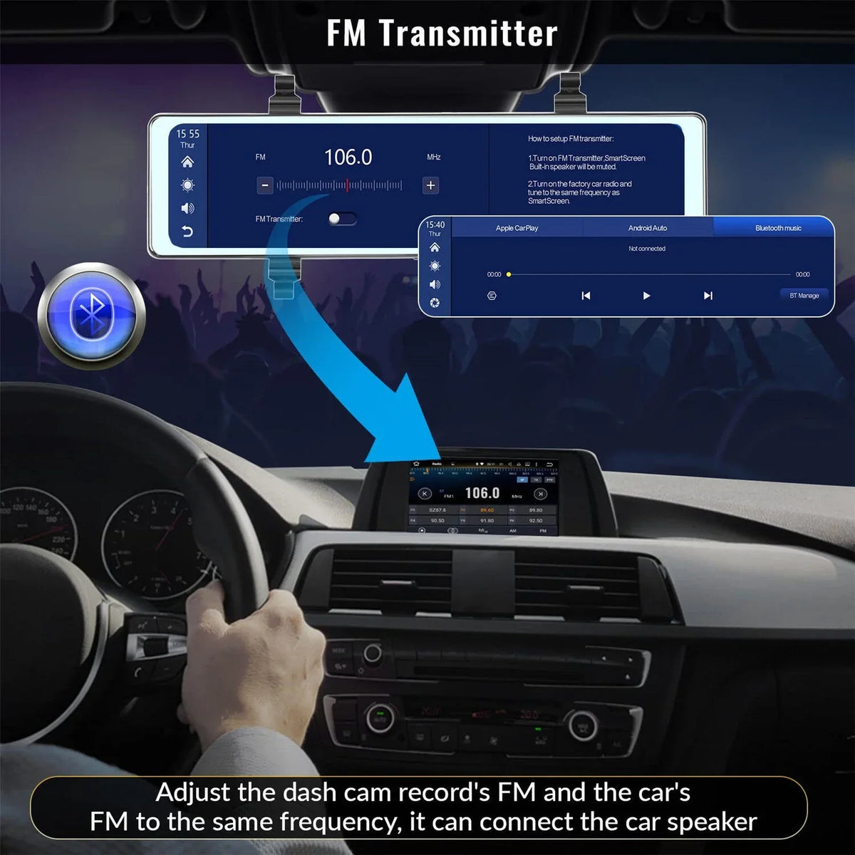 Vision,Parking WDR/HDR,Loop Wireless Assistance, Recording Dash with Rear FM Transmitter,Night Cam Auto,11.26" Mirror Carplay&Android recording, Cameras,WiFi View 4K Voice Control View Mirror
