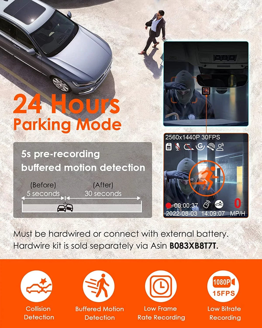 Hours Mode, APP, and Vision, Motion Buffered Front E1 GPS 24 Car Cam 512GB Mini Vantrue Night Voice Speed, Controller, Support Camera, Parking Control Wireless with Detection, WiFi Dash Max 2.5K Dash