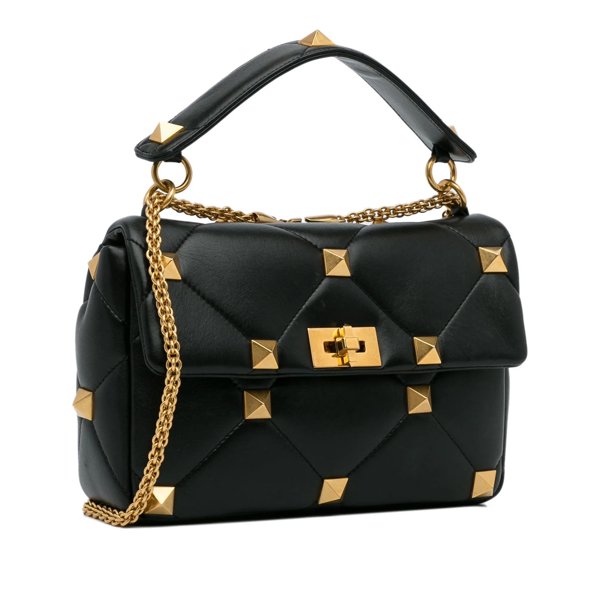 Pre-Owned Roman Stud (Good) Valentino Authenticated Leather Medium Unisex Satchel Black Calf