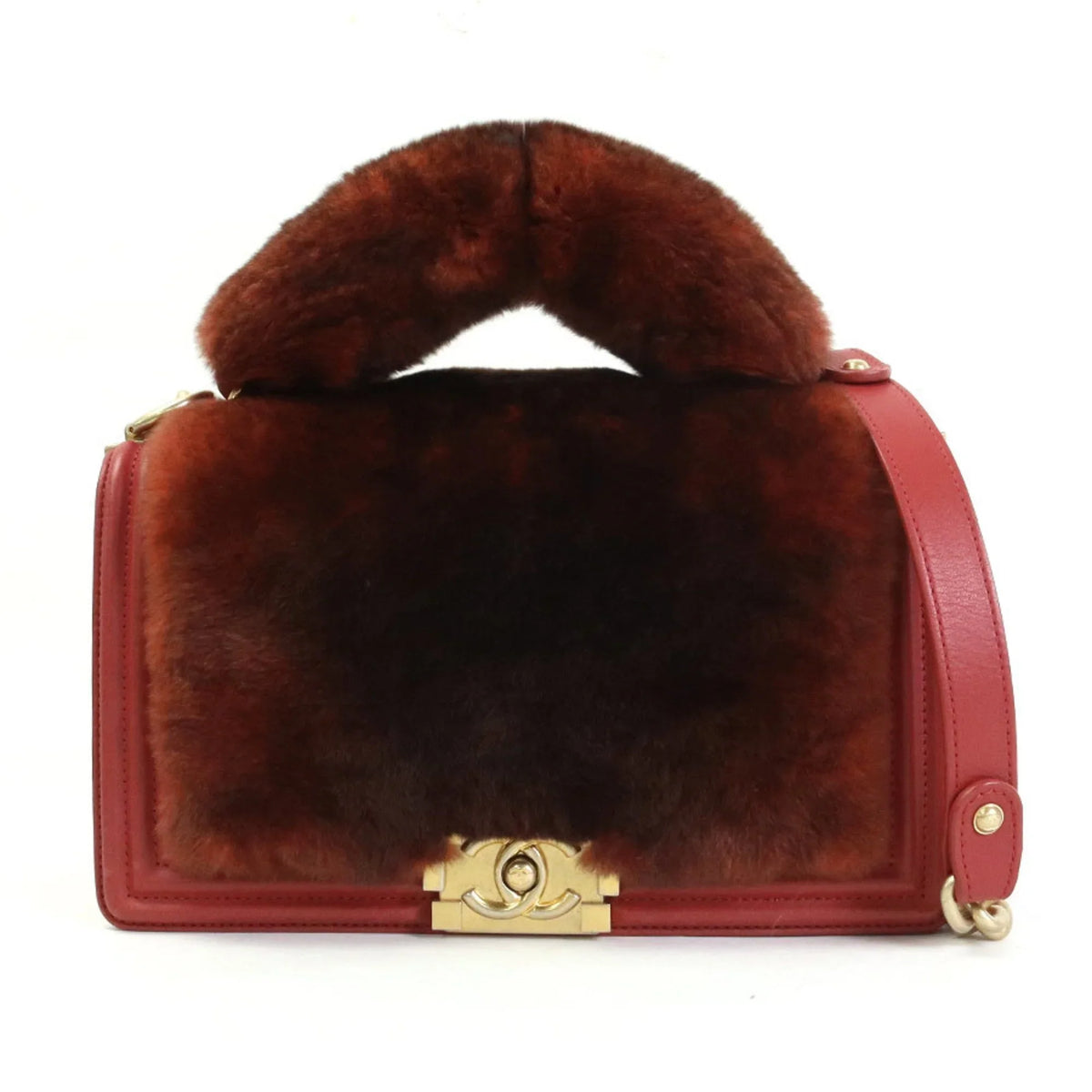 brown Pre-Owned e55871a (Good) red fur/leather ladies handbag bag gold diagonal boy shoulder