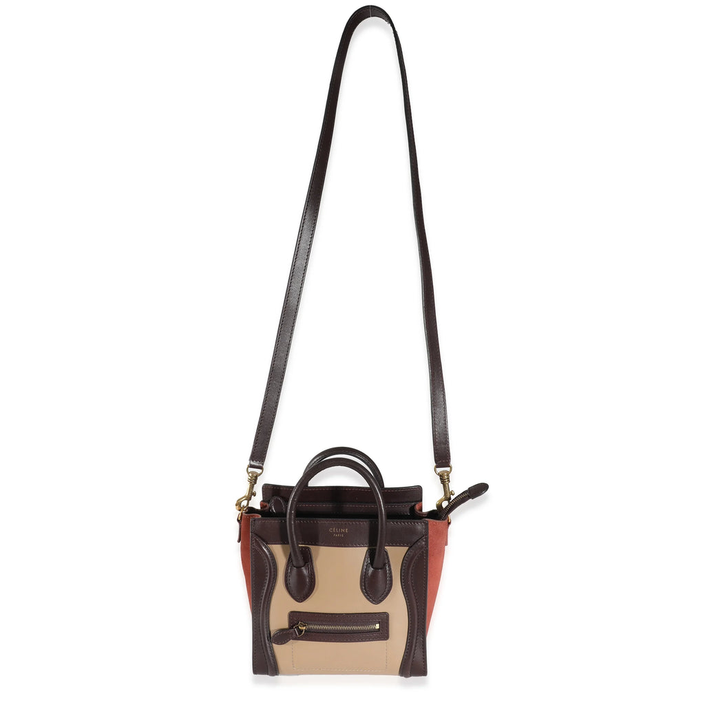 Celine Tri-Colour Brown Beige Burgundy Leather Luggage Nano Suede Pre-Owned
