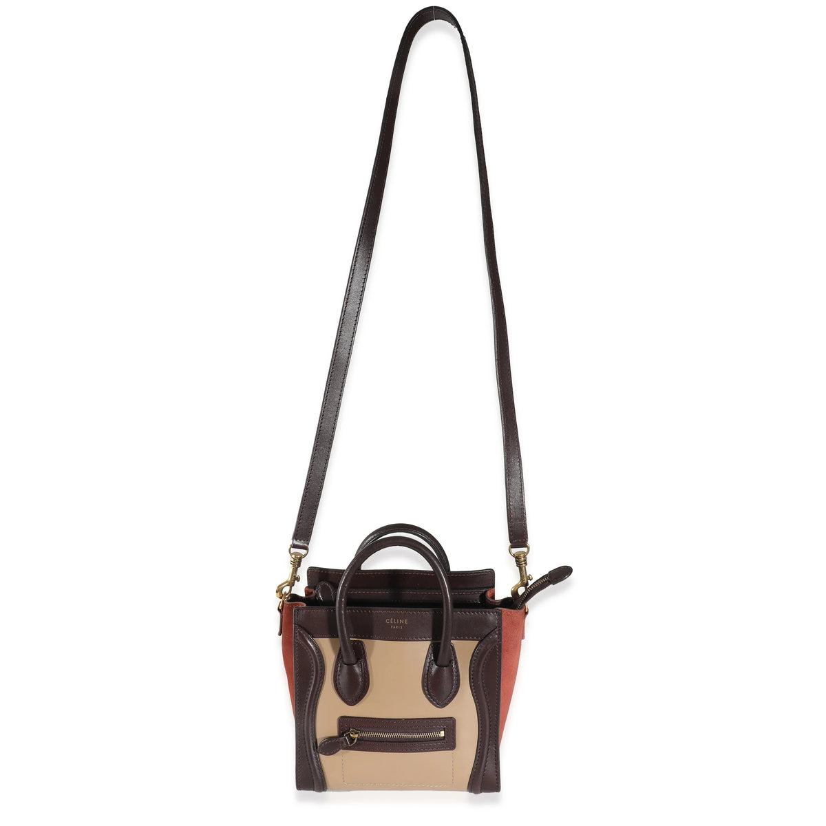 Celine Tri-Colour Brown Beige Burgundy Leather Luggage Nano Suede Pre-Owned