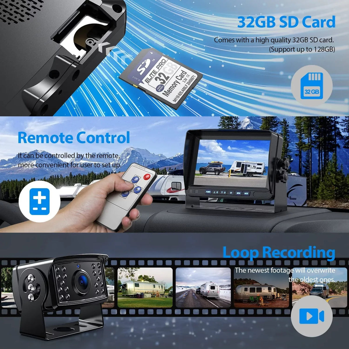 DVR Reverse Backup Wired Waterproof RV/Trailer/Semi-Truck/Camper-BY702A Camera 1080P Touch ZEROXCLUB IP69 Clear Camera for Button RV Monitor, Kit View Vision HD Rear 7'' Systems, Night IR Split