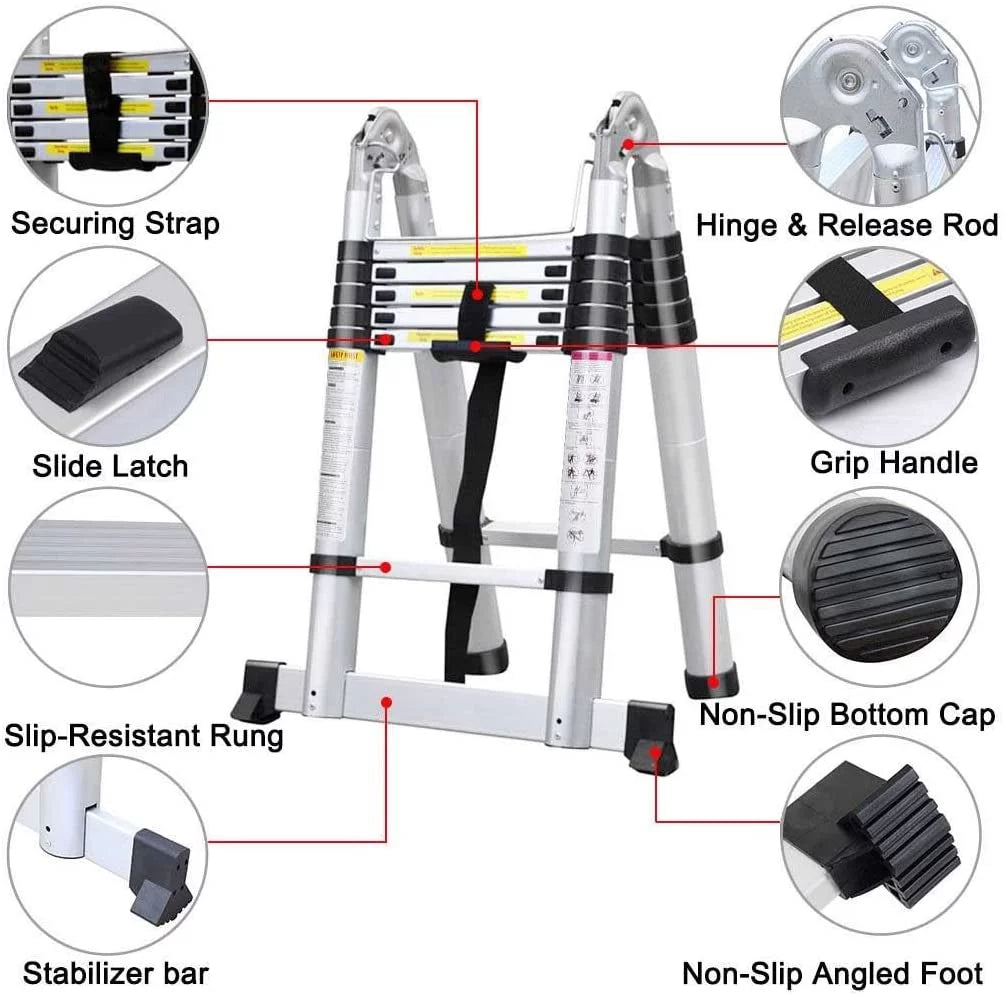 Dayplus 12.5FT/3.8M Portable Aluminum A-Frame Ladder Telescoping Extension Ladder Multi-Purpose Folding