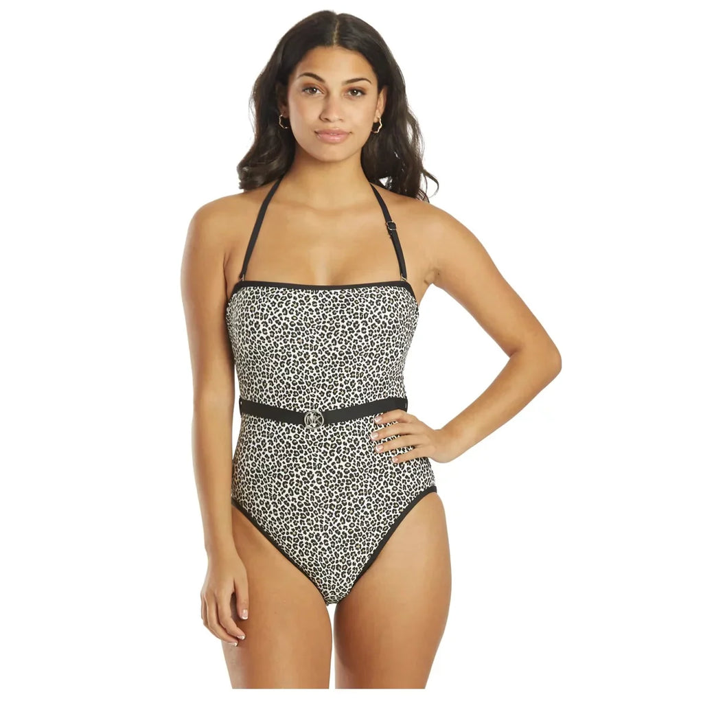 Swimsuit Black One-Piece Kors Women's Size 10 Michael Logo-Belt Bandeau Printed