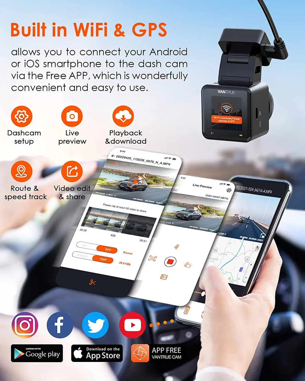 Hours Mode, APP, and Vision, Motion Buffered Front E1 GPS 24 Car Cam 512GB Mini Vantrue Night Voice Speed, Controller, Support Camera, Parking Control Wireless with Detection, WiFi Dash Max 2.5K Dash