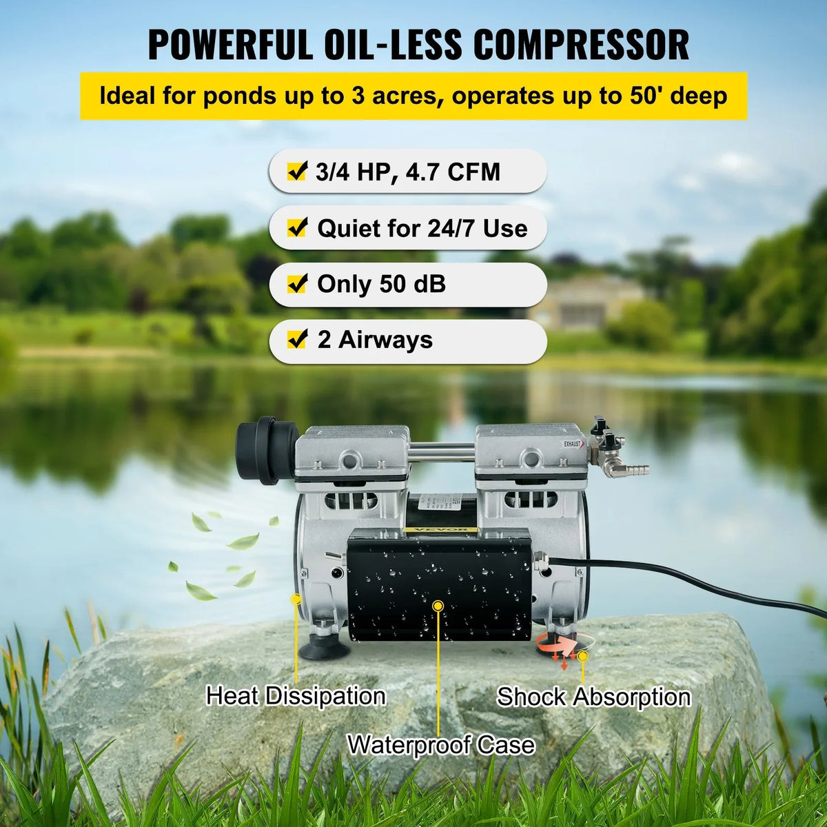 Deep System 4.7 Aeration HP Membrane CFM for & 3 Pond with Tubing 100' for 10" Aeration Diffuser VEVOR Lake Acres, Aerator 3/4 Weighted Water