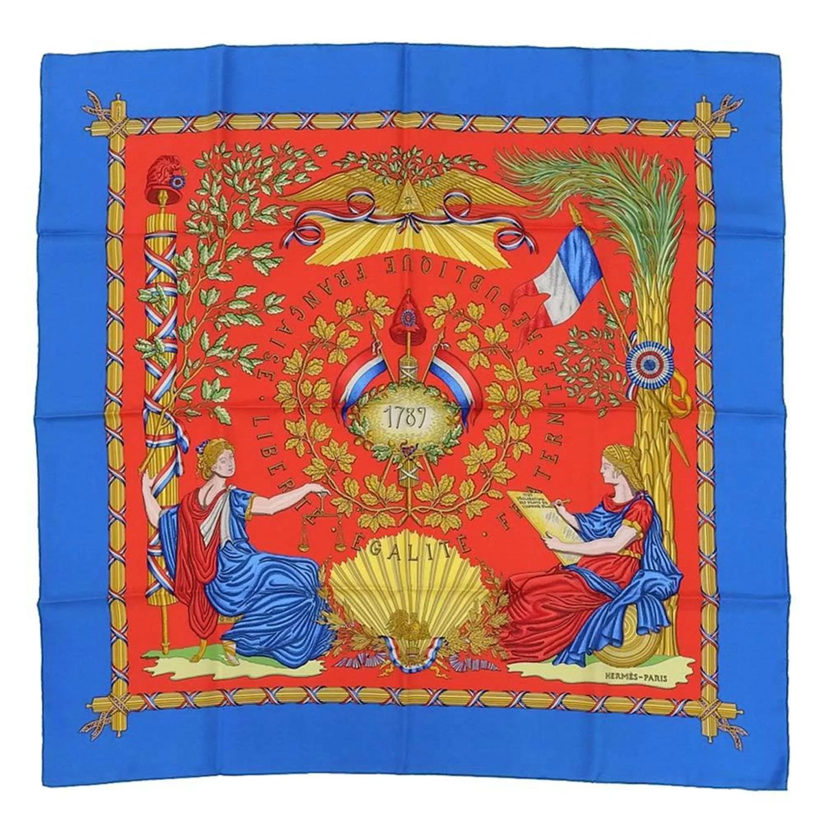 90 Commemorating the Revolution Hermes Blue Pre-Owned Red New) Scarf Pattern Carre (Like French Silk