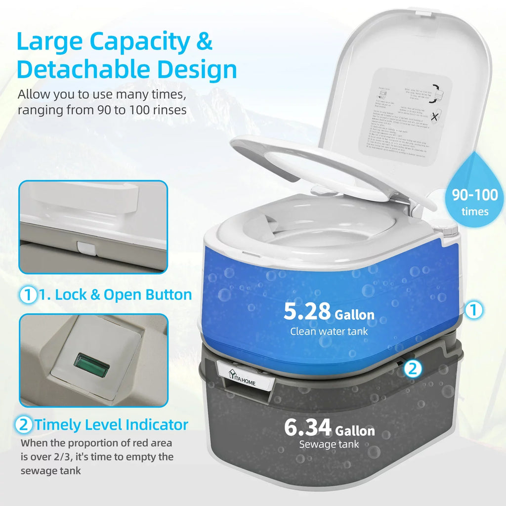 Rotating Porta with Portable Toilet, Outdoor Toilet DWVO Gallon Indicator, Spout Camping RV Potty RV Level , 6.34