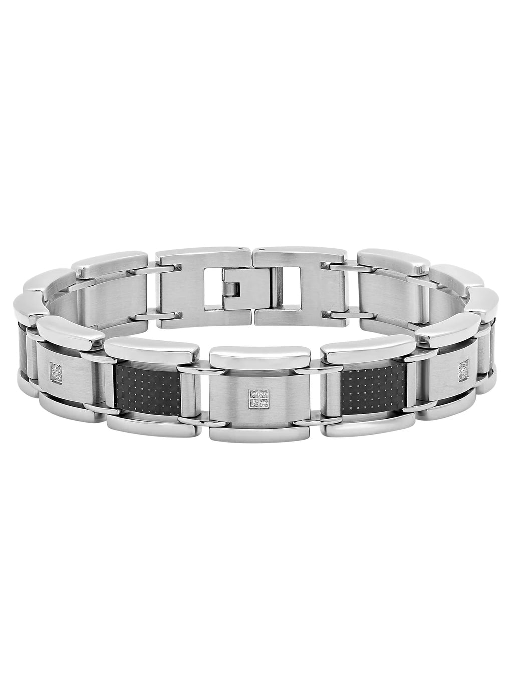 wristband, Carbon 9" Black Men's Steel Stainless and Fiber Accent Diamond