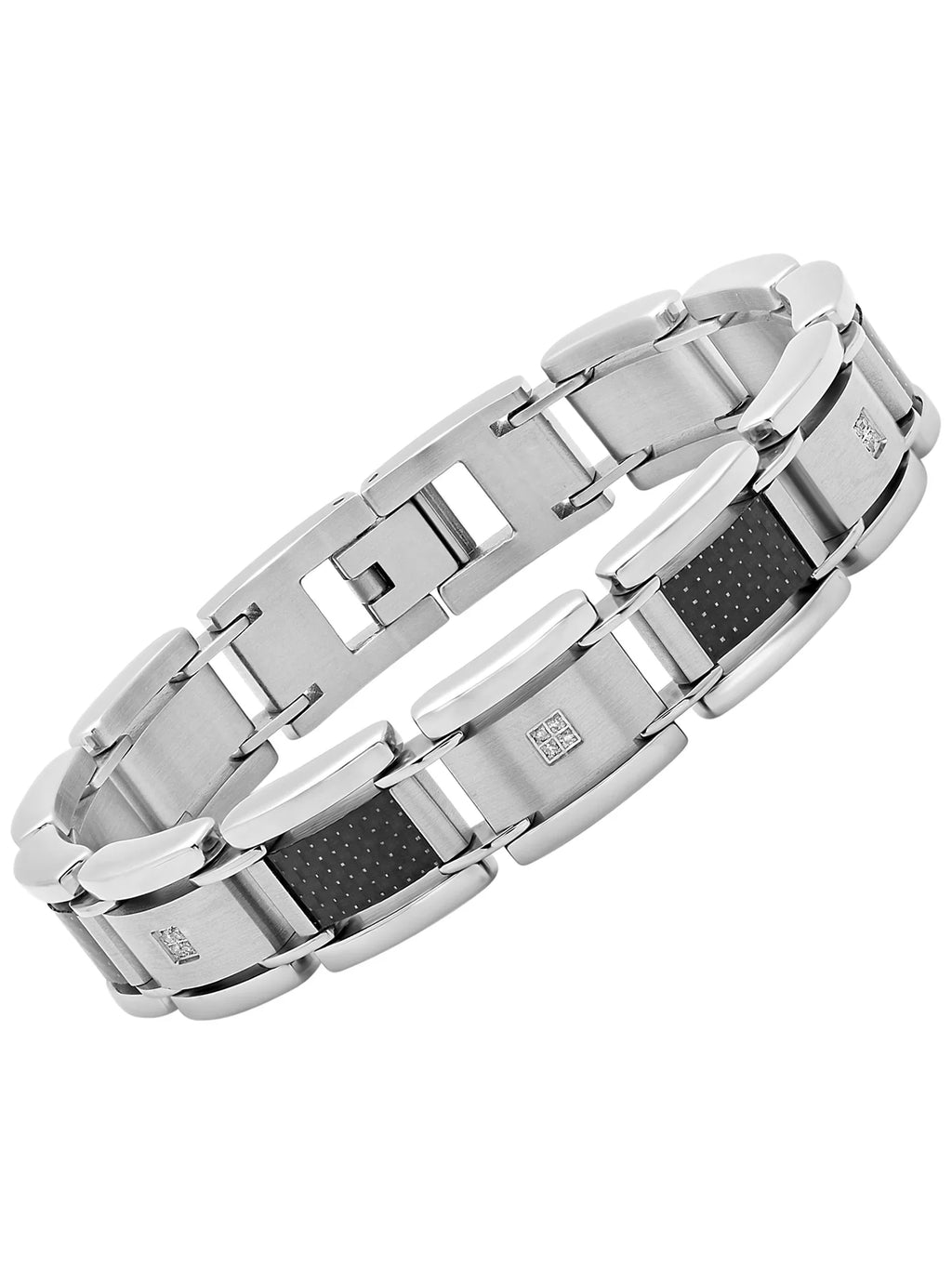 wristband, Carbon 9" Black Men's Steel Stainless and Fiber Accent Diamond