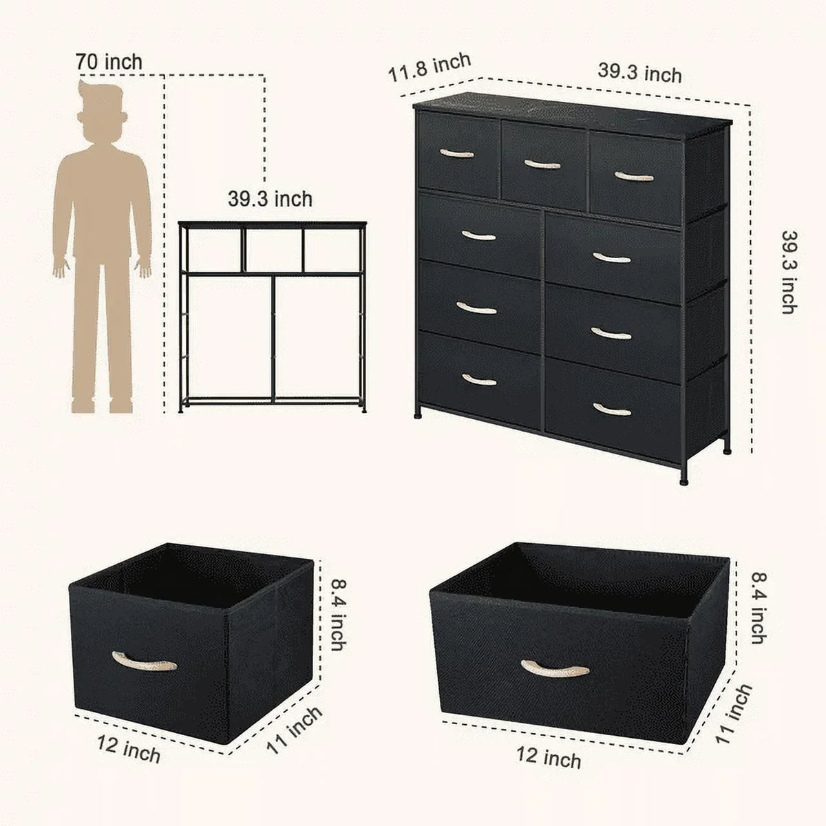 Top, Easy-to-Pull Organizer Closet, Steel 9-Drawer Grey) Living Furniture Tower Dresser, Sturdy Storage Fabric Hallway, Bedroom, Frame, for Room, Bins(Black Bigroof Fabric Cabinet, Wooden
