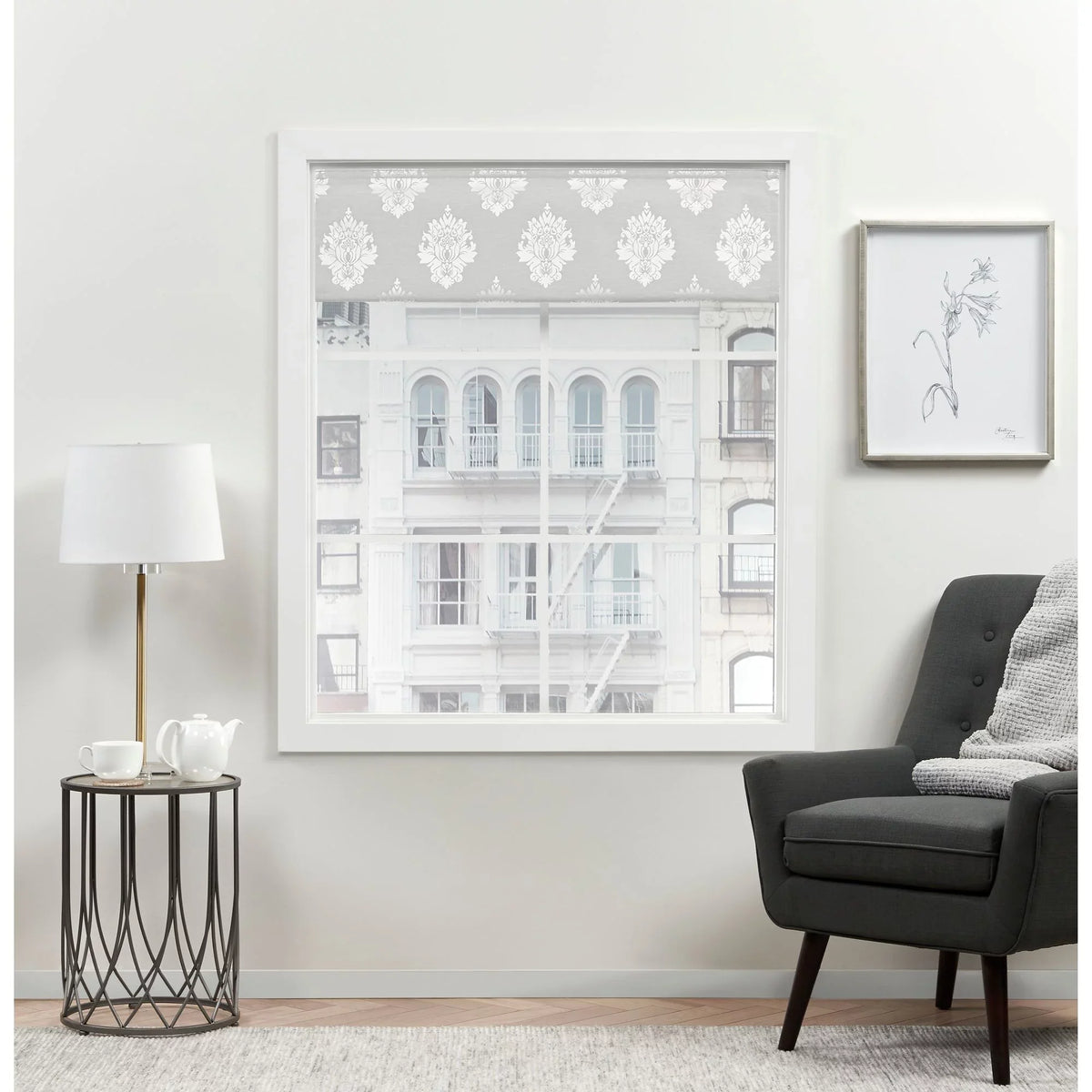 Shade, 34"x64", Blackout Home Roman Exclusive Marseilles 100% Silver Damask