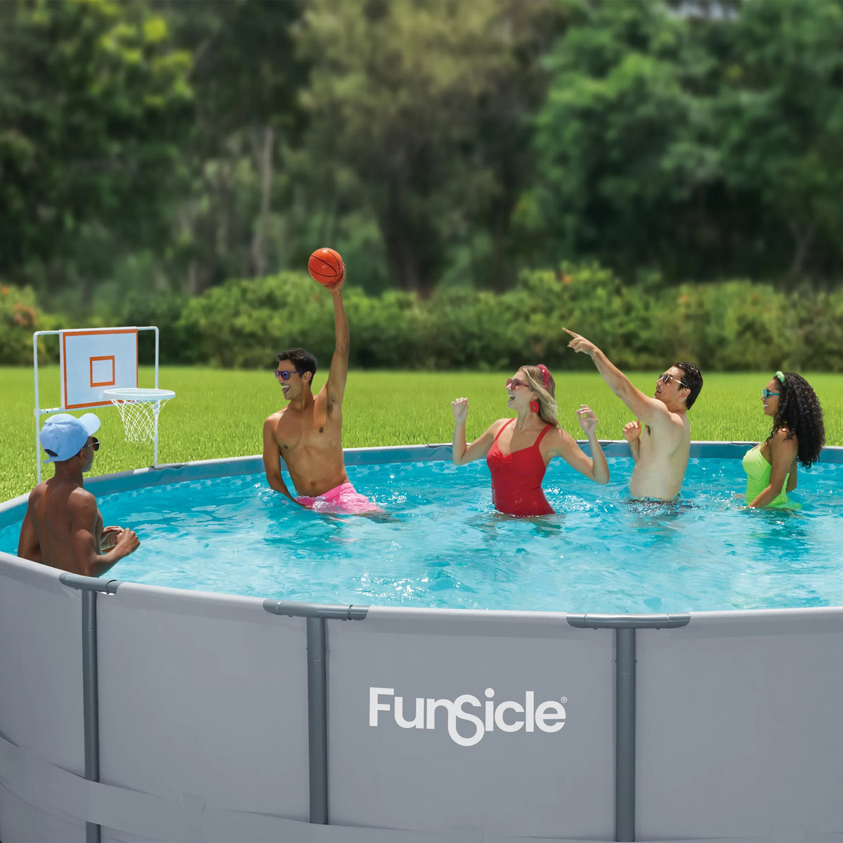 Frame BasketballPool Funsicle for & Hoop with Unisex Adults, Swimming Pools, Game Backboard Rim, Set,