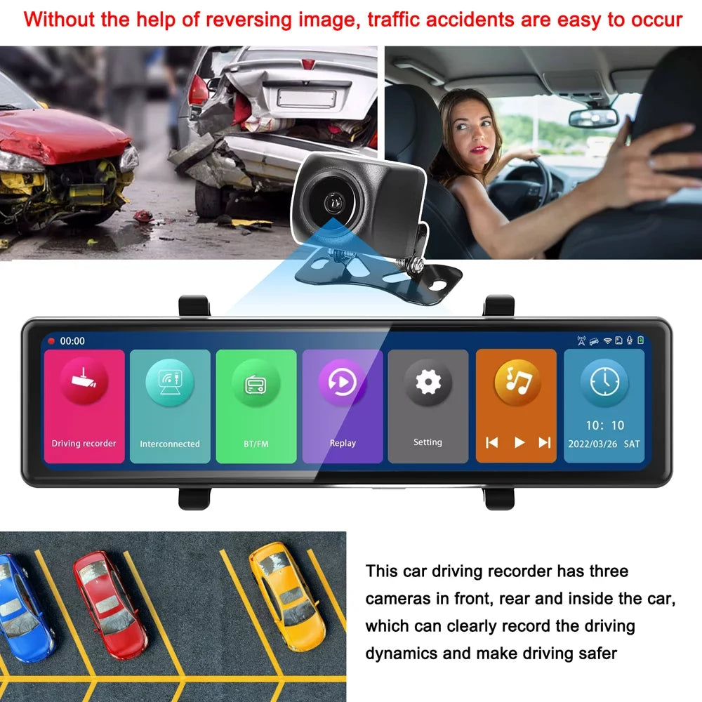 Driving Car Clear Rearview 2.5K Recorder 12in Screen Auto Cam Mirror Carplay 3 Video Touched Car Cameras Andoer Car Recorder Recording Dash