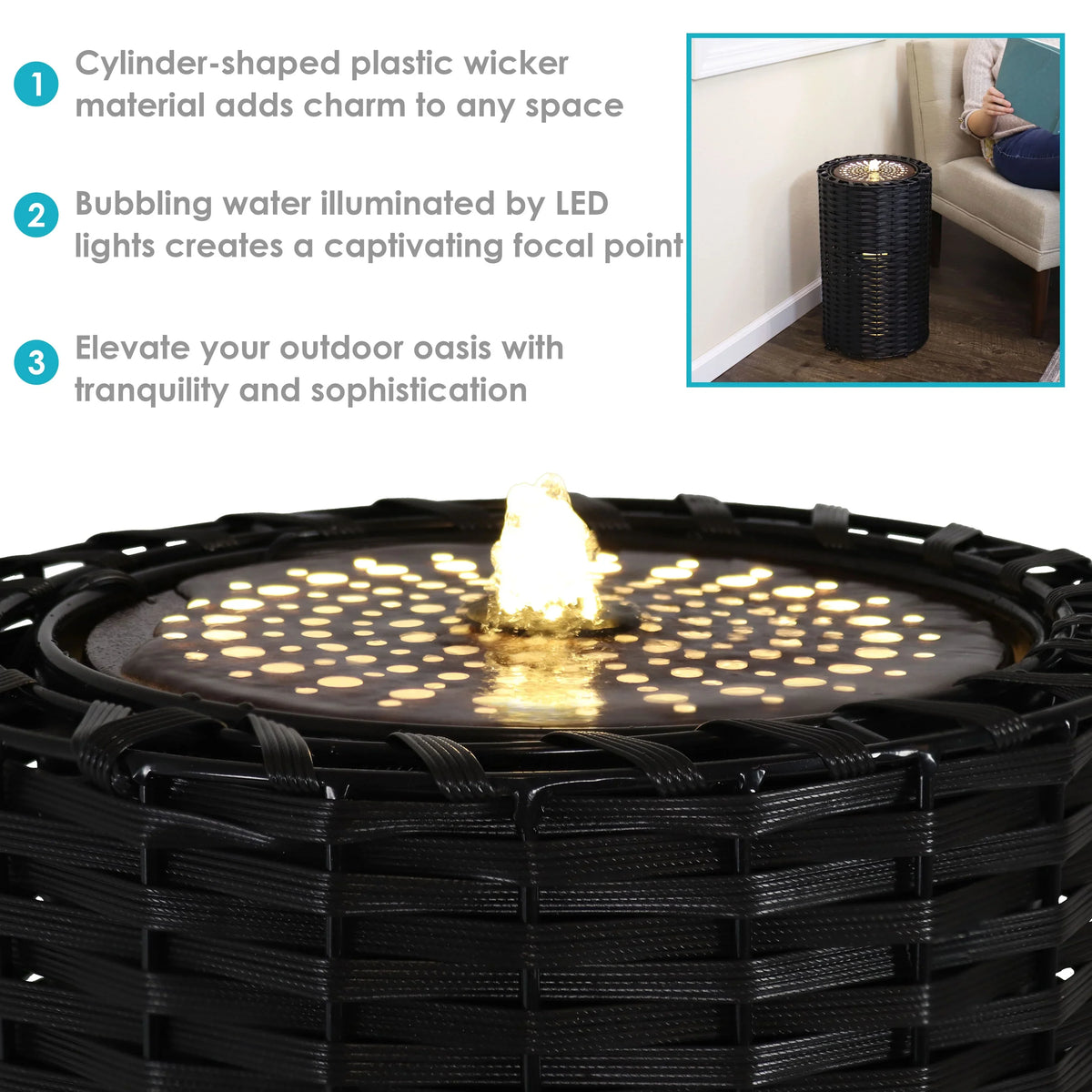 Lights Plastic Cylinder Fountain 20.5" with - Sunnydaze LED Wicker