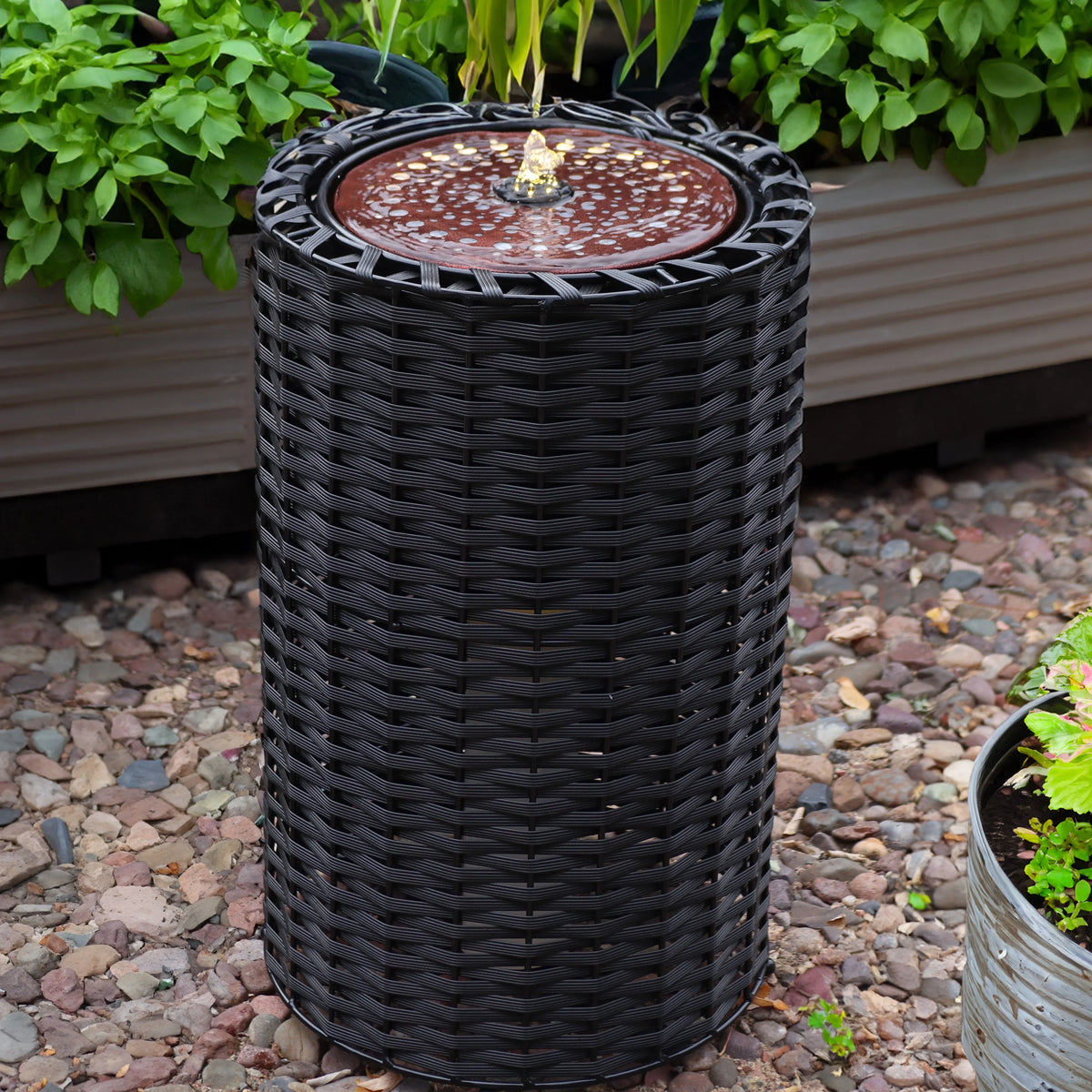 Lights Plastic Cylinder Fountain 20.5" with - Sunnydaze LED Wicker