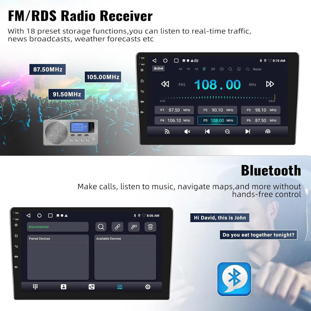 Camera with Bluetooth FM Radio Navigation Stereo 1080P Link Theme with 13 Carplay,10.1 GPS Mirror USB inch Touchscreen Android WiFi Backup 1+32G Car HD Support Receiver Player Change
