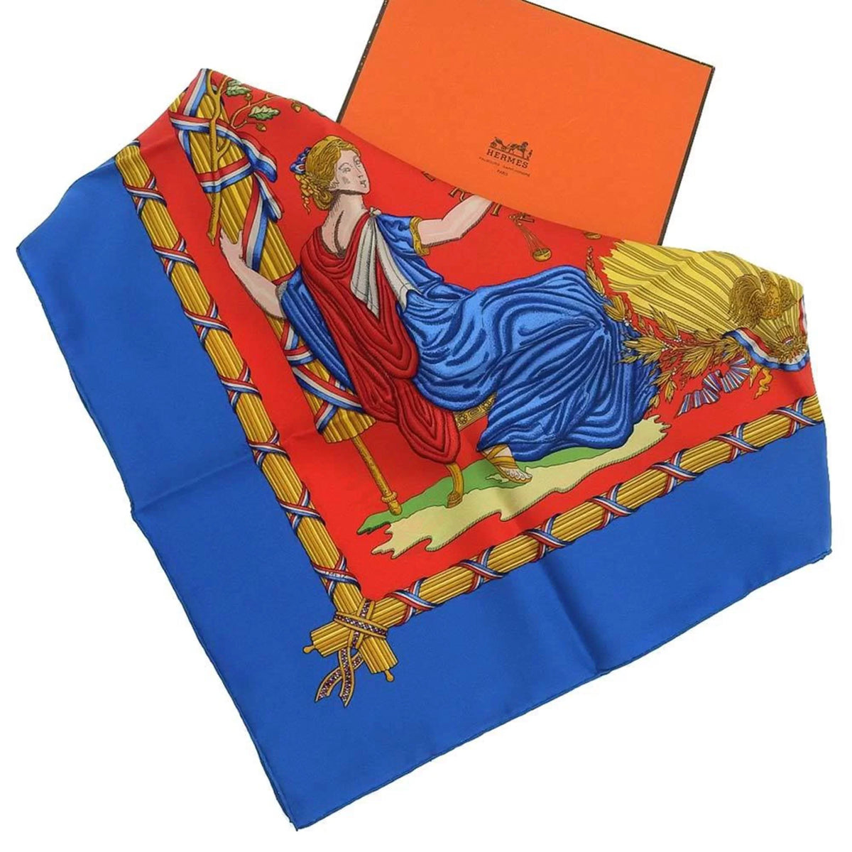 90 Commemorating the Revolution Hermes Blue Pre-Owned Red New) Scarf Pattern Carre (Like French Silk