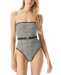 Swimsuit Black One-Piece Kors Women's Size 10 Michael Logo-Belt Bandeau Printed
