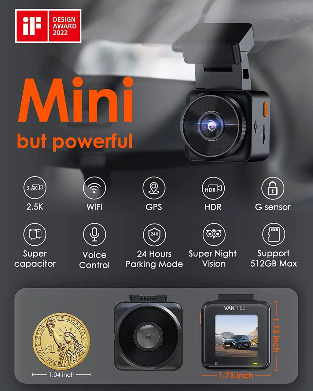 Hours Mode, APP, and Vision, Motion Buffered Front E1 GPS 24 Car Cam 512GB Mini Vantrue Night Voice Speed, Controller, Support Camera, Parking Control Wireless with Detection, WiFi Dash Max 2.5K Dash