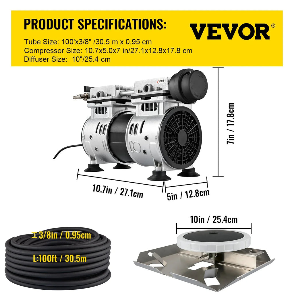 Deep System 4.7 Aeration HP Membrane CFM for & 3 Pond with Tubing 100' for 10" Aeration Diffuser VEVOR Lake Acres, Aerator 3/4 Weighted Water