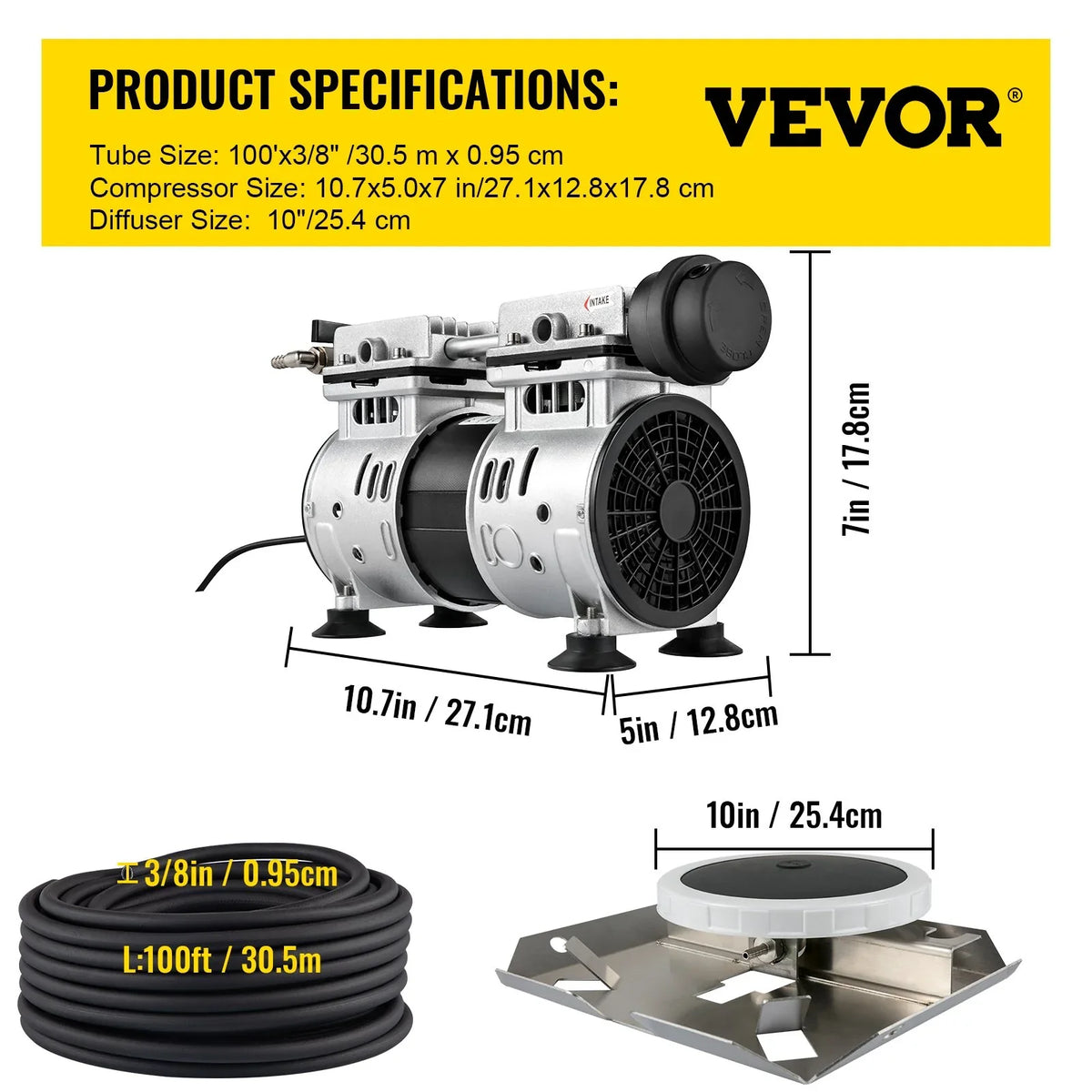 Deep System 4.7 Aeration HP Membrane CFM for & 3 Pond with Tubing 100' for 10" Aeration Diffuser VEVOR Lake Acres, Aerator 3/4 Weighted Water