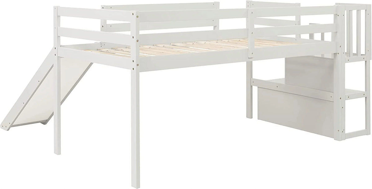 Needed Loft with Size (White) Teens Twin Loft Spring Frame and for Wood Low Bright with Toddlers Box Stairs Rail &amp; Harper Designs No Bed Bed Safety NLTBONNIE Slide