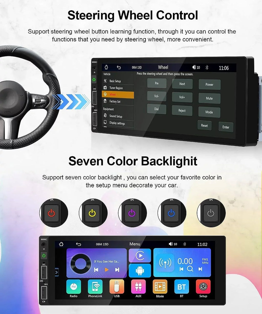 Podofo Mirror Player Car Radio Android HD Carplay USB,with Mic&Backup Link Camera Single Wireless Multimedia Bluetooth 6.86'' Touchscreen Car Audio Din Stereo 1 FM MP5 Auto Receiver