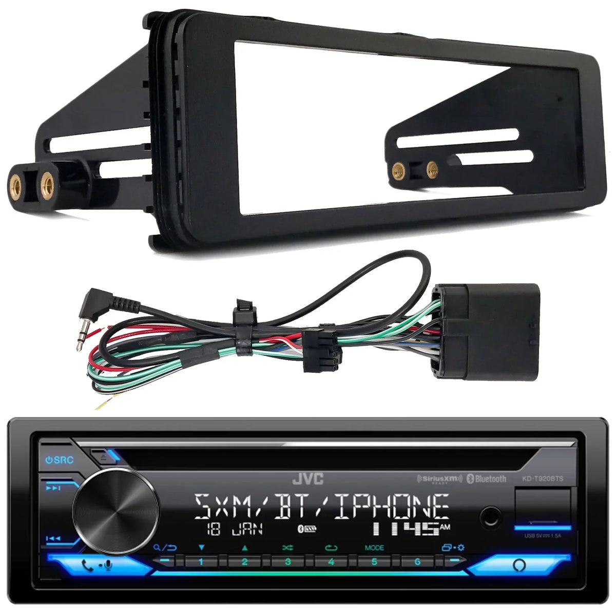Radio Harley Select In-Dash AM/FM Touring Player JVC Kit AUX Bundle Single-DIN USB Single Bluetooth 1998-2013 Davidson Installation Stereo DIN Receiver CD Motorcycles) KD-T920BTS (Fits with Combo